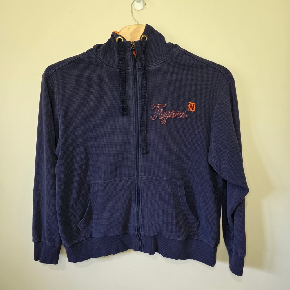Majestic Detroit Tigers Hoodie Mens XL Navy Blue Waffle Knit Thermal Full Zip